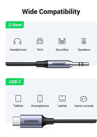 Ugreen, Usb-C Male To 3.5Mm Audio Cable, 1M, Hi-Fi Sound Quality, Flexible & Durable Ugreen Cm450 - 20192