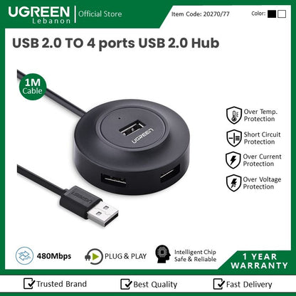 Ugreen, Usb 2.0 Hub 4 Ports, 1M Cable (Data Transfer Up To 480Mbps) Ugreen Cr106 - 20270