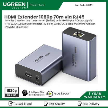 Ugreen, Hdmi Active Signal Extender Full Hd,  70M Via Rj45 Ugreen Cm455 - 20519