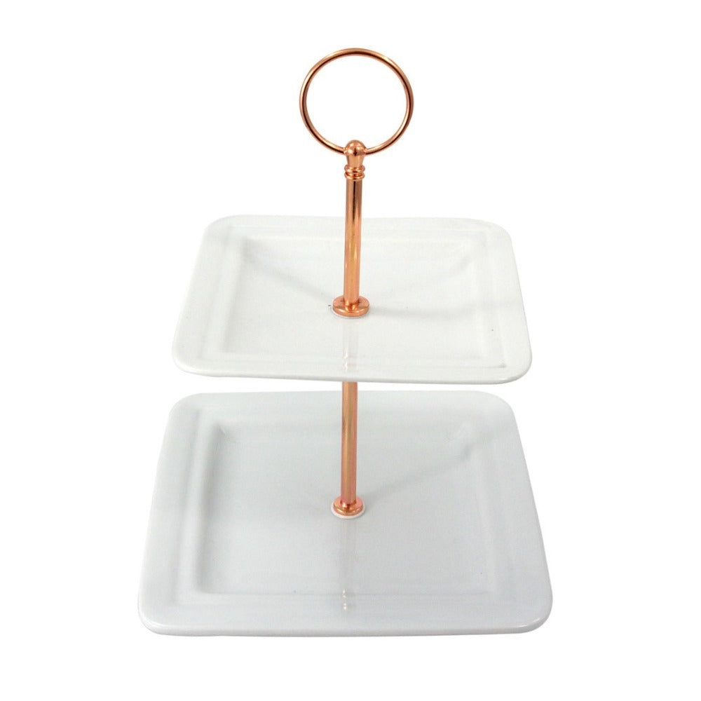 Square 2-Tier Food Stand, White And Copper
