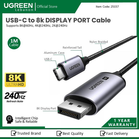Ugreen, Usb-C To 8K Display Port (Up To 240Hz) Braided Cable 1M Black Ugreen Cm556 - 25157