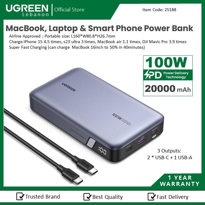 Ugreen, 100W Output Portable Power Bank Charger Compatible With Laptops, Macbook Pro/Air, Iphone, Samsung Ugreen Pb207 - 25188