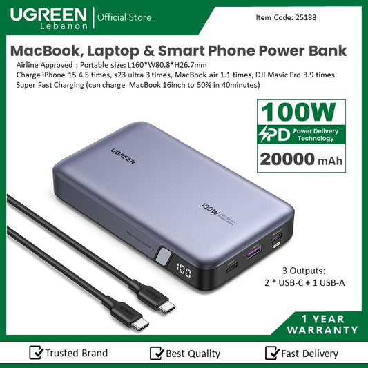 Ugreen, 100W Output Portable Power Bank Charger Compatible With Laptops, Macbook Pro/Air, Iphone, Samsung Ugreen Pb207 - 25188