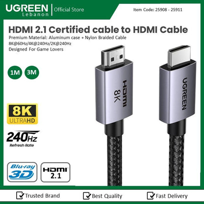 Ugreen, Certified 8K Hdmi 2.1 To Hdmi Cable Braided Up To 244Hz, Aluminum Case + Braided Nylon Cable Hd171 - 25908 - 25911