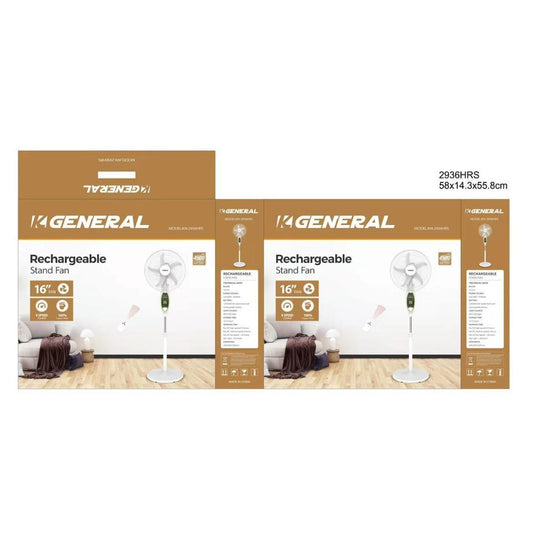 General, Up to 30 Hours On Battery, 16' Rechargeable Floor Fan, Led Light, 9 Speeds, Remote Control, Built-in USB charger, Can Be Charged By Solar Panel