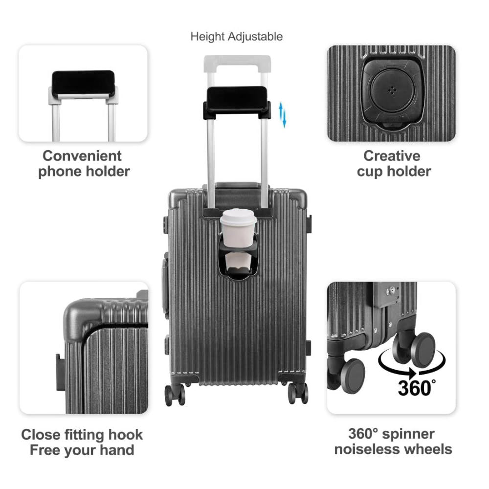 All-in-One Suitcase – Airline-Approved Carry-On with Laptop Compartment, USB/Type-C Charging, 360° Spinner Wheels and Smart Organized Interior – Grey, SK949B