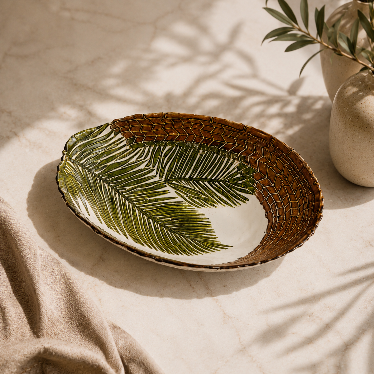 Karaca Home Hawaii Glass Decorative Plate 33 cm – Palm Leaf Design, 300.22.02.0434