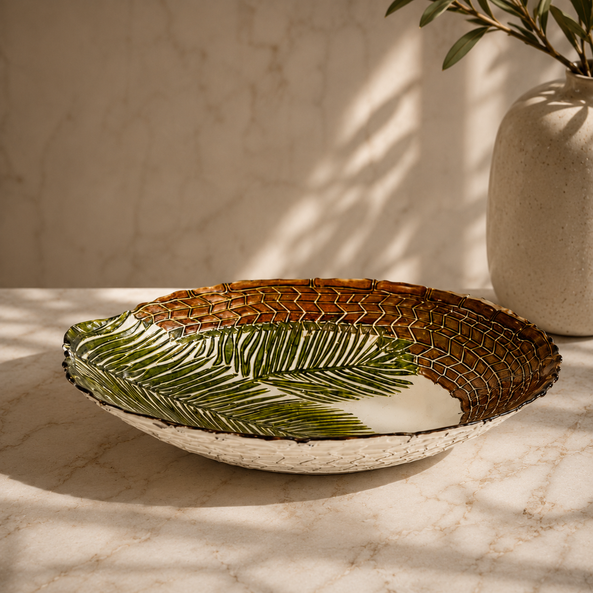Karaca Home Hawaii Glass Decorative Plate 33 cm – Palm Leaf Design, 300.22.02.0434