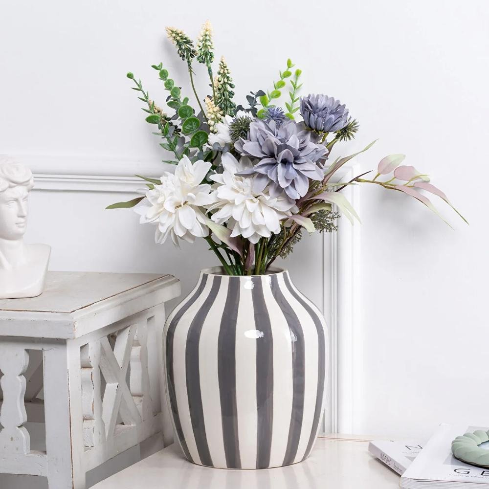 Karaca Home Grey & White Striped Ceramic Vase 20 cm, 300.23.01.0366