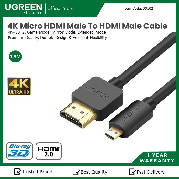 Ugreen, 4K Micro Hdmi Male To Hdmi Male Cable, Premium Quality, Durable Design & Excellent Flexibility Ugreen Hd127 - 30102