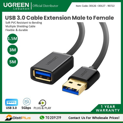 Ugreen, Usb 3.0 Cable Extension Male To Female Ugreen Us129 - 30126 - 30127 - 90722, Available in Different Sizes