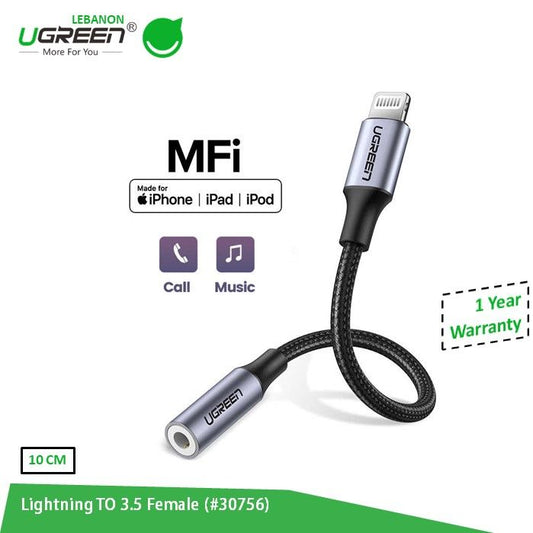 Ugreen, Lightning To 3.5Mm Audio Female Aluminum Braid 10Cm For Iphone, Ipod And Ipad