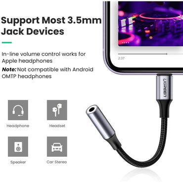 Ugreen, Lightning To 3.5Mm Audio Female Aluminum Braid 10Cm For Iphone, Ipod And Ipad