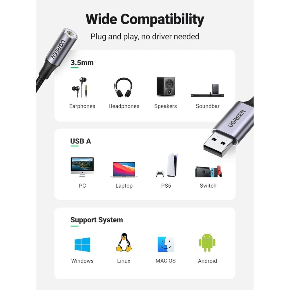 Ugreen, Usb Sound Card, Usb To 3.5Mm Female Jack Audio Adapter Ugreen Cm477 - 30757