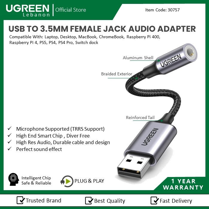 Ugreen, Usb Sound Card, Usb To 3.5Mm Female Jack Audio Adapter Ugreen Cm477 - 30757