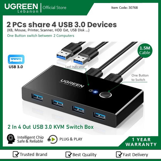 Ugreen, 2 In 4 Out Usb 3.0 Kvm Switch Box (2 Pcs Share 4 Usb Devices) , Fast Transfer Speed Up To5Gbps Ugreen Us216 - 30768
