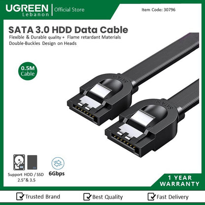 Ugreen, Sata 3.0 Data Cable For 3.5 & 2.5 Ssd/ Hdd, 6Gbps Speed, Flexible And Durablesata 3 Data Cable 0.5M Black Ugreen Us217 - 30796