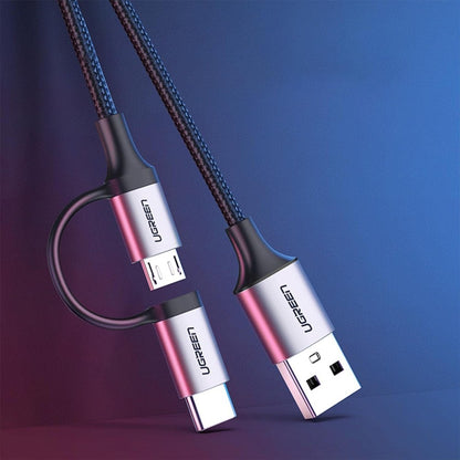 Ugreen, Usb To Micro Usb + Usb-C 5V/3A Fast Charge & Data Cable - Nylon Braided & Aluminum Body Ugreen Us177 - 30875