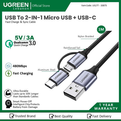 Ugreen, Usb To Micro Usb + Usb-C 5V/3A Fast Charge & Data Cable - Nylon Braided & Aluminum Body Ugreen Us177 - 30875