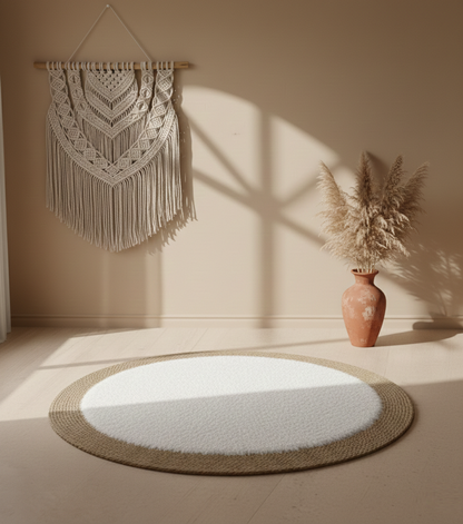 Elegant Round Rattan Rug with Soft White Fur 120 cm, Modern Boho Floor Design, SK965