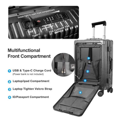 All-in-One Suitcase – Airline-Approved Carry-On with Laptop Compartment, USB/Type-C Charging, 360° Spinner Wheels and Smart Organized Interior – Grey, SK949B