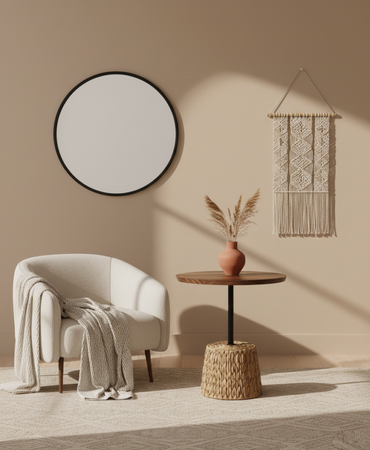 Boho Round Side Table 58 cm, Wooden Top with Woven Natural Fiber Base, SK969
