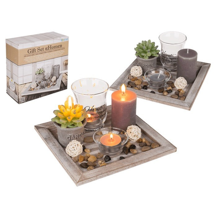 Out Of The Blue, Wooden Plate 20X20Cm White W/2 Glass Tealight Holders,2Tealights,2Candles&Deco Stones,Home#220059 In Gift Box