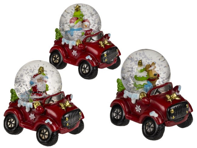 Out Of The Blue, Polyresin Snow Globe 7Cmx5Cm With Christmas Figurines On Car Base 950143 Red
