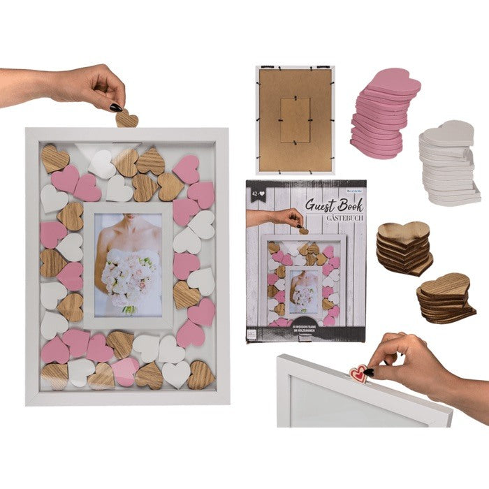 Out Of The Blue, Guest Book In Picture Frame With 42 Writable Wooden Hearts In 3 Colours, Ca. 38 X 28 Cm, With Frame For Photo Size Ca. 10 X 15 Cm #?144312 In Giftbox