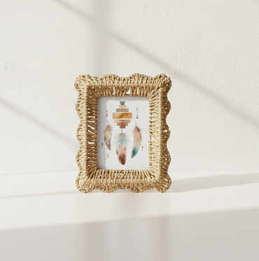 Boho Scalloped Rattan Photo Frame, Natural Woven Accent, SK971