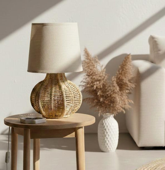 Boho Coastal Table Lamp 35 cm, Woven Rattan Base with Fabric Shade, SK974