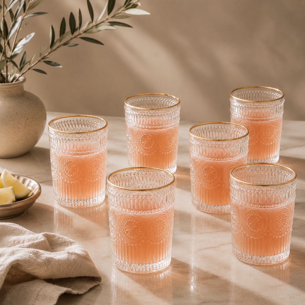 Karaca Sunflower 6-Piece Gold Water Glass Set – 332 ml, 153.03.08.4347