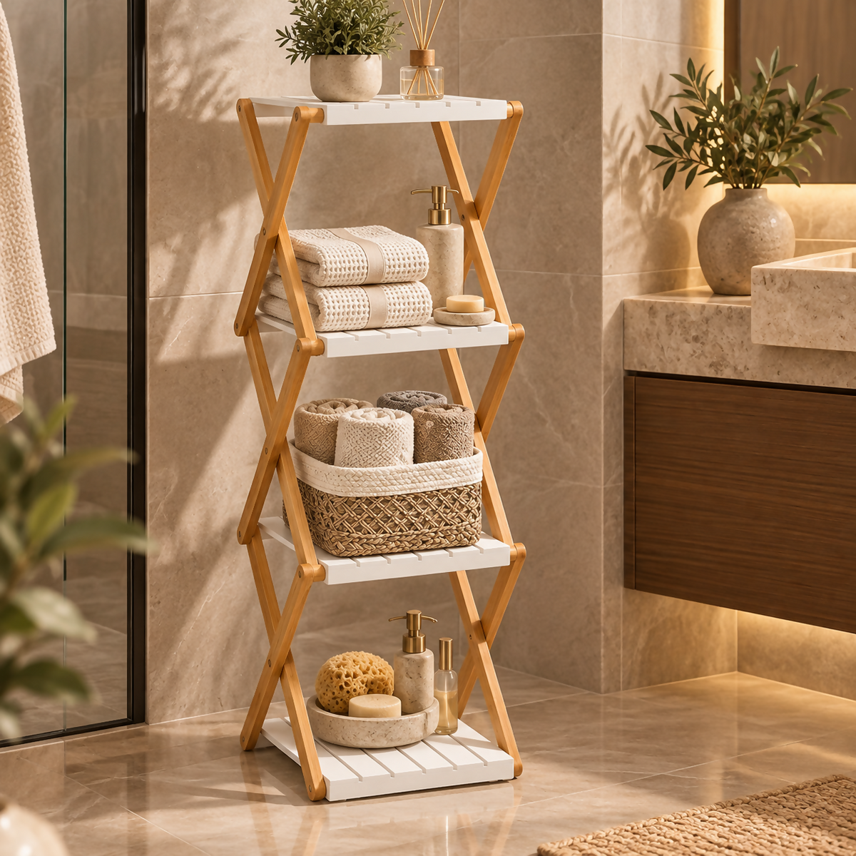 Haven 4-Tier Foldable Bamboo & White Standing Shelf | QG168-173