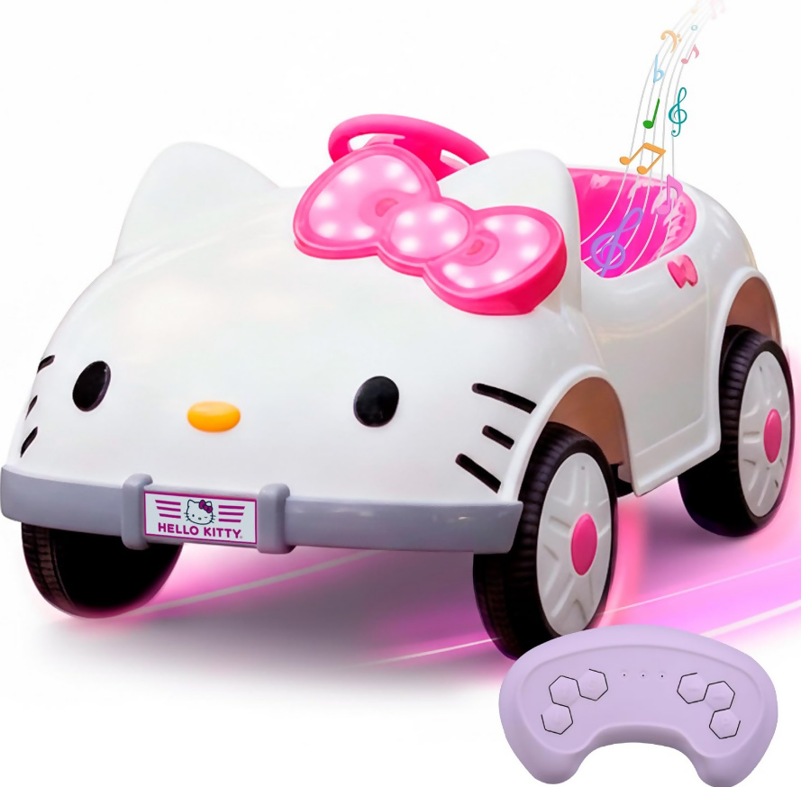 Hello Kitty Kids Ride-On Car – 12V Battery, Dual Motors, Bluetooth Music, LED Lights & Remote Control (Ages 2–8)