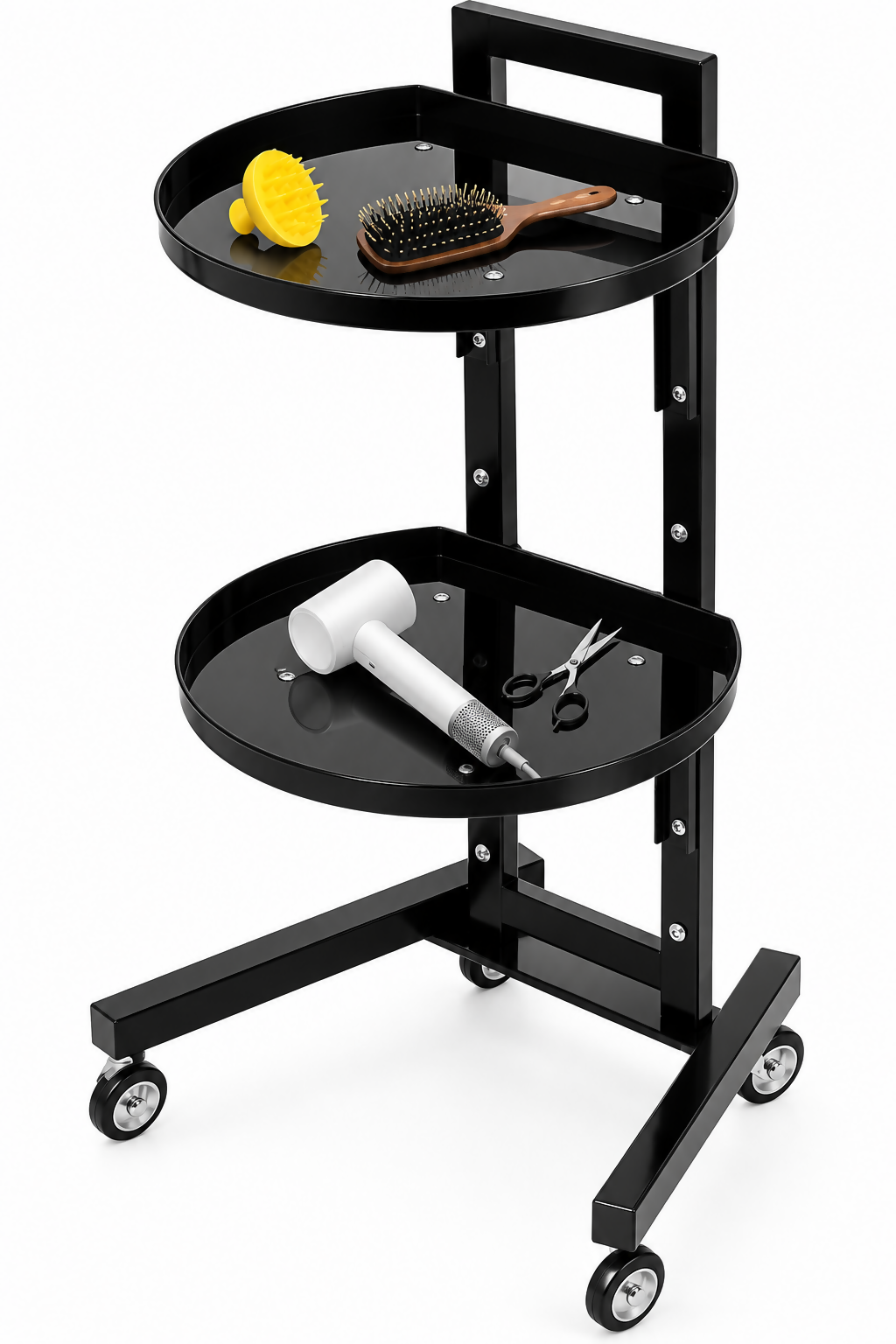 La Perla Tech, 2 Tiers Movable Adjustable Salon Tray Station Hairdressing Service Salon Trolley W/Accessory Black With 4 Universal Wheels