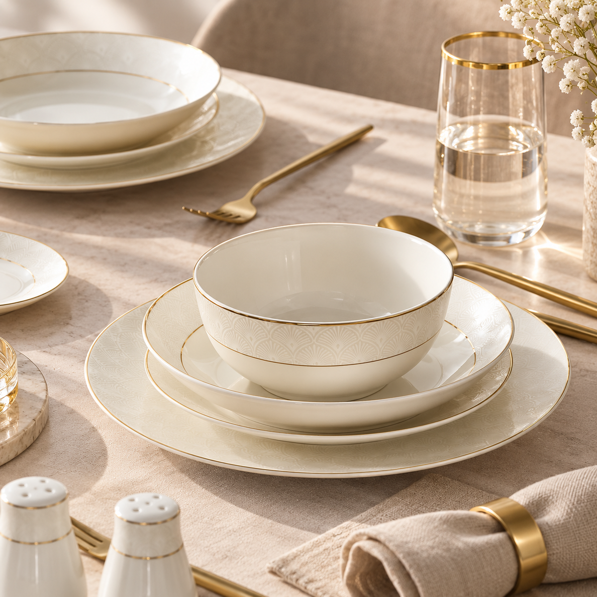 Karaca Elegance Bone Mandarin 53-Piece Dinner Set – 12 Person Gold Luxury Collection, 8683650360513