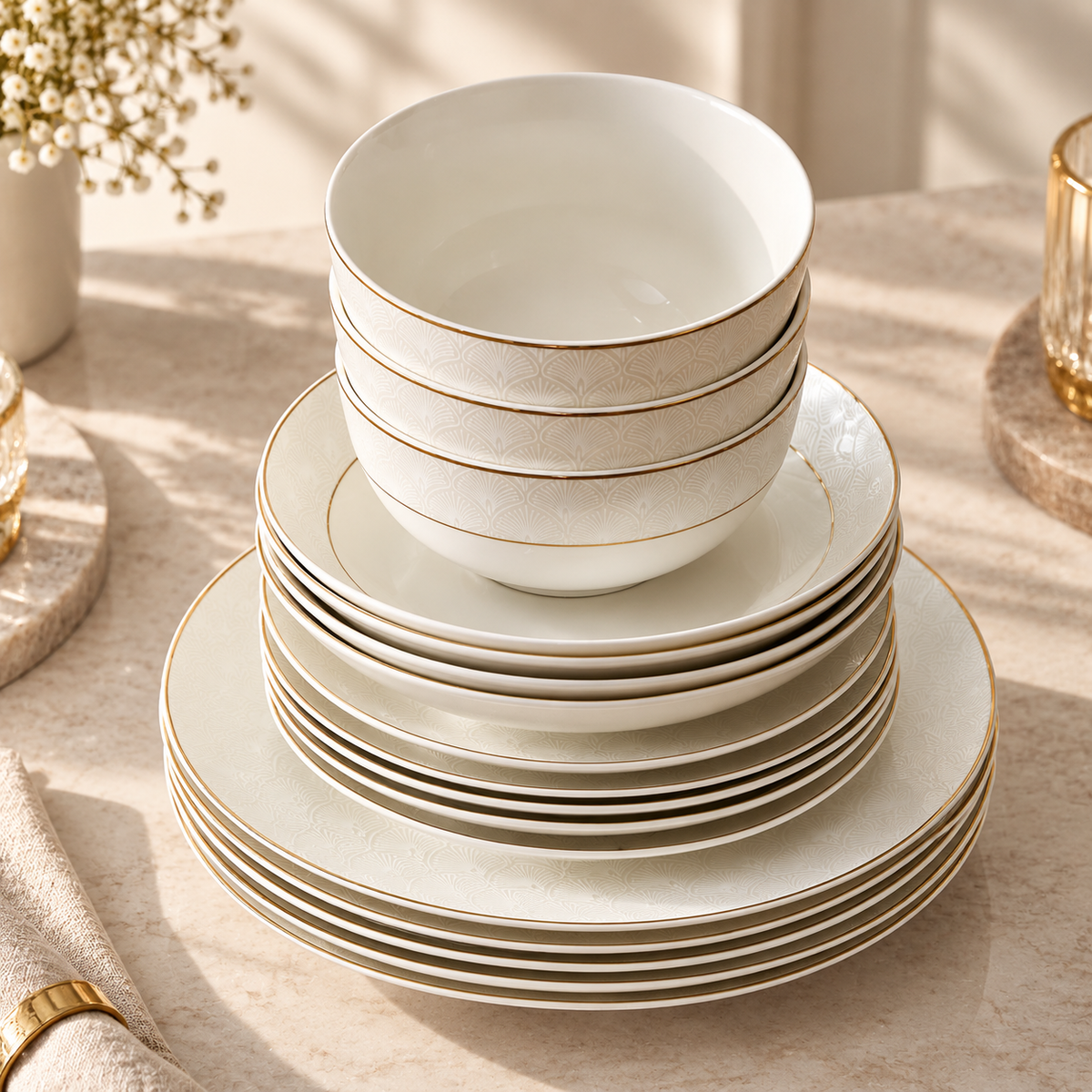 Karaca Elegance Bone Mandarin 53-Piece Dinner Set – 12 Person Gold Luxury Collection, 8683650360513