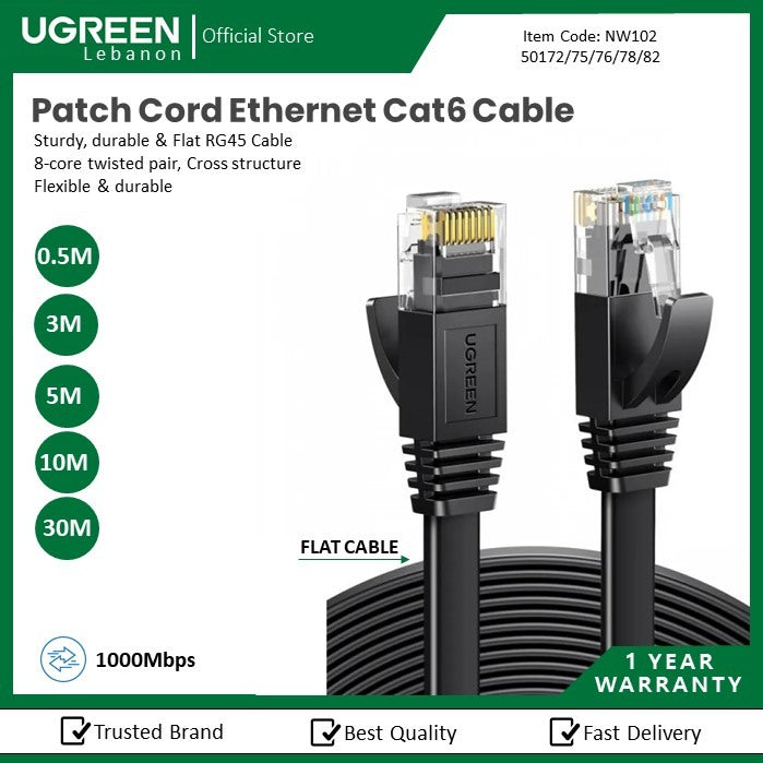 Ugreen, Rg45 Patch Cord Ethernet Cat6 Cable, Sturdy, Durable & Flat Design Ugreen Nw102 - 50172 - 50175 - 50176 - 50178 - 50182
