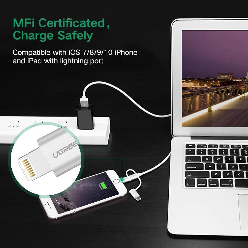 Ugreen, Mfi, Apple Certified Cable Usb To 3 In1 Lightning + Type C + Micro Usb - Nylon Braided & Aluminum Body Ugreen Us186 - 50203