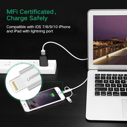 Ugreen, Mfi, Apple Certified Cable Usb To 3 In1 Lightning + Type C + Micro Usb - Nylon Braided & Aluminum Body Ugreen Us186 - 50203
