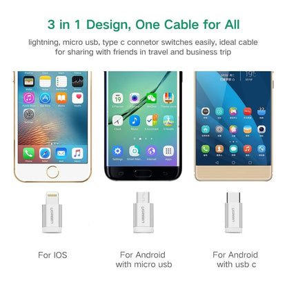 Ugreen, Mfi, Apple Certified Cable Usb To 3 In1 Lightning + Type C + Micro Usb - Nylon Braided & Aluminum Body Ugreen Us186 - 50203