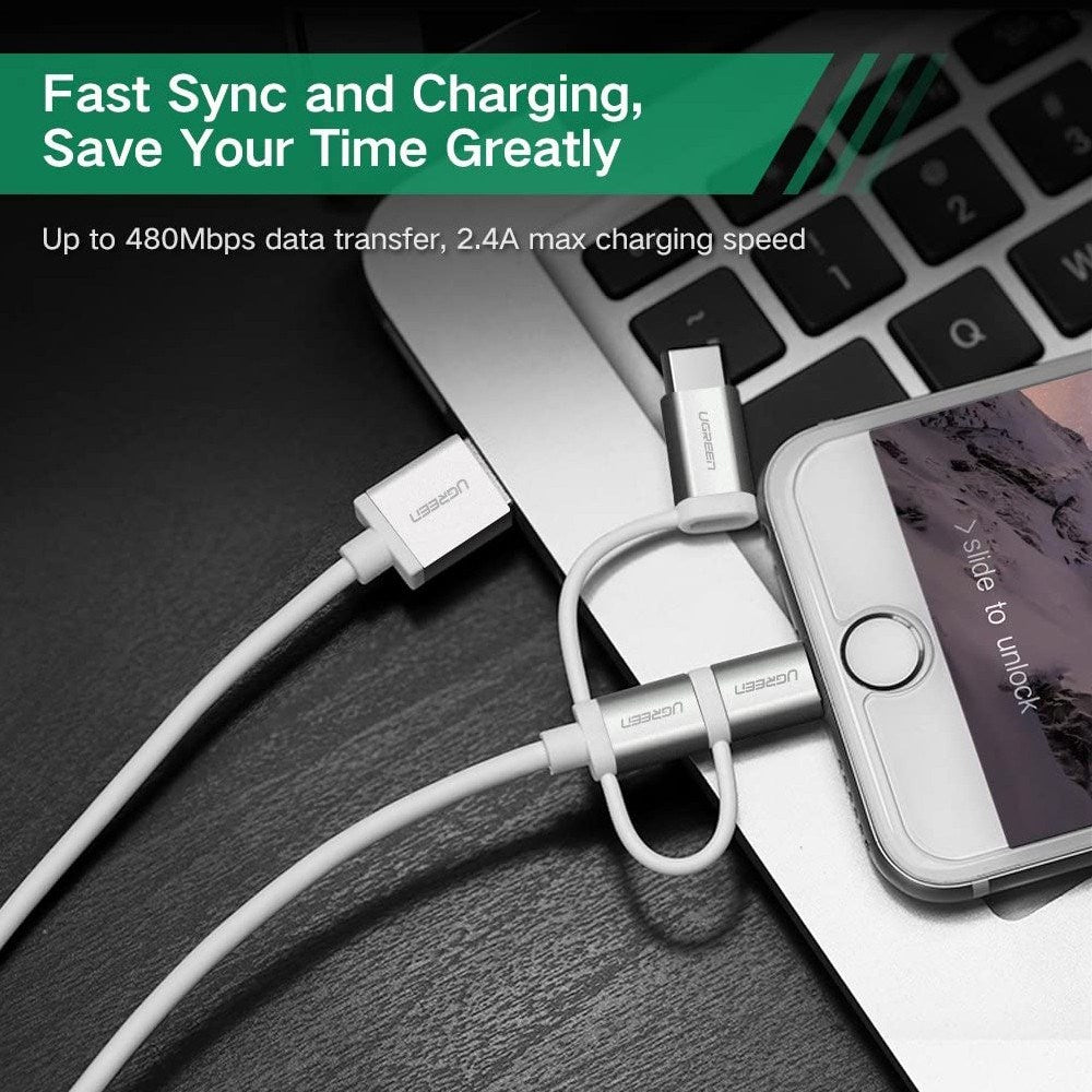 Ugreen, Mfi, Apple Certified Cable Usb To 3 In1 Lightning + Type C + Micro Usb - Nylon Braided & Aluminum Body Ugreen Us186 - 50203