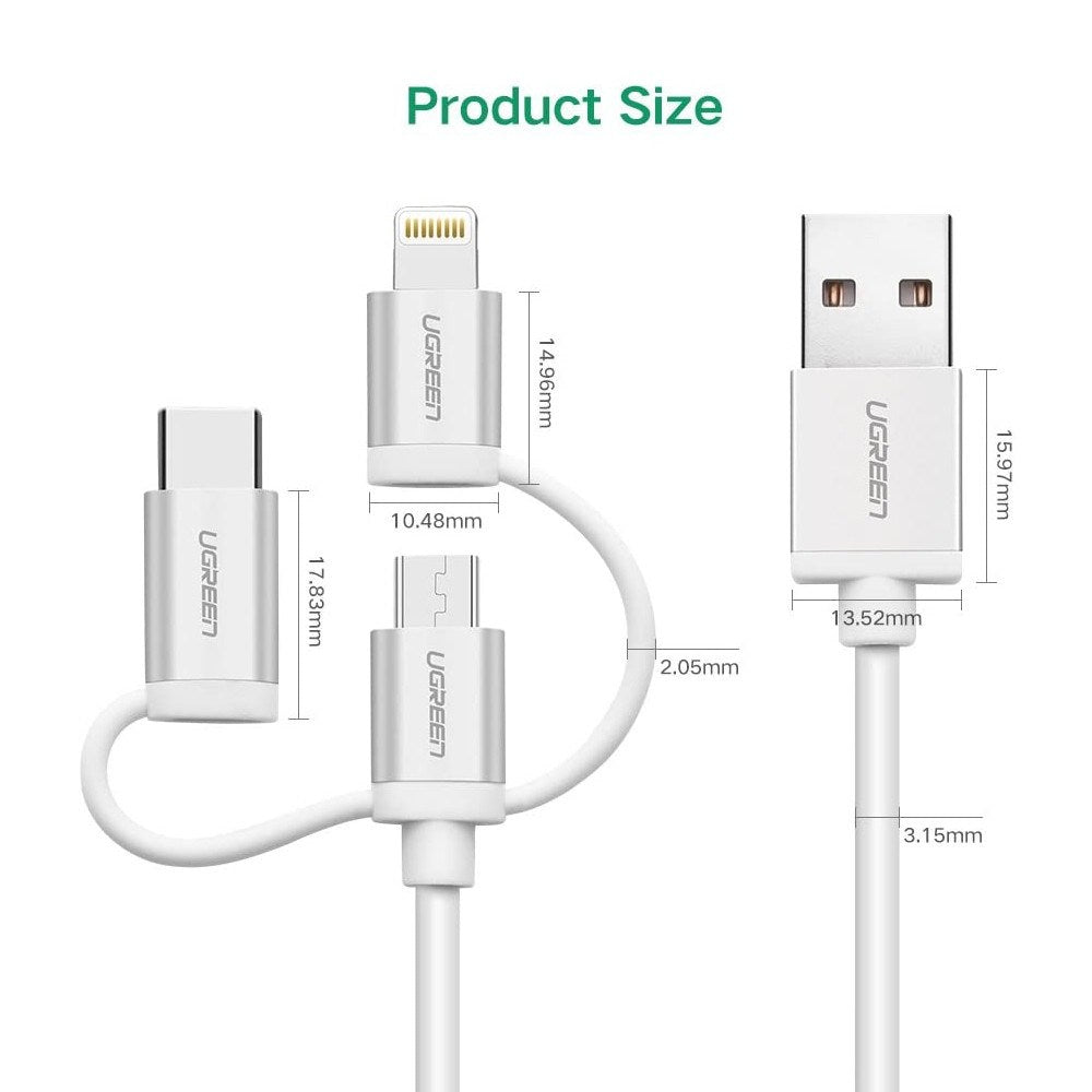 Ugreen, Mfi, Apple Certified Cable Usb To 3 In1 Lightning + Type C + Micro Usb - Nylon Braided & Aluminum Body Ugreen Us186 - 50203