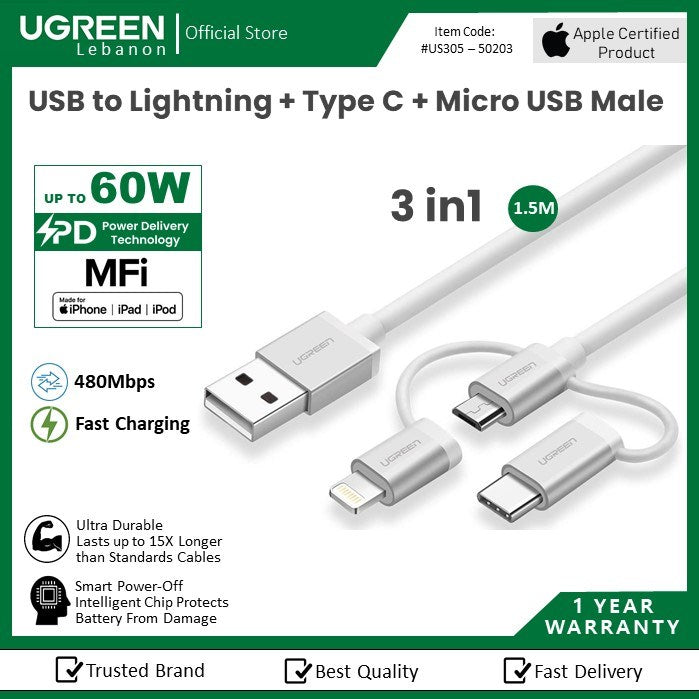 Ugreen, Mfi, Apple Certified Cable Usb To 3 In1 Lightning + Type C + Micro Usb - Nylon Braided & Aluminum Body Ugreen Us186 - 50203