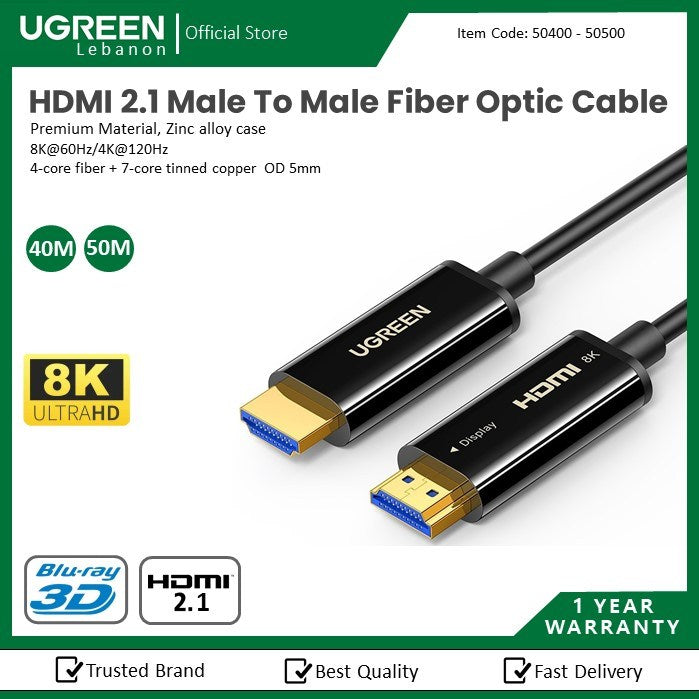 Ugreen, 8K Hdmi 2.1 Male To Male Fiber Optic Cable, Premium Quality, Durable Design & Excellent Flexibility Ugreen Hd141 - 50400 - 50500
