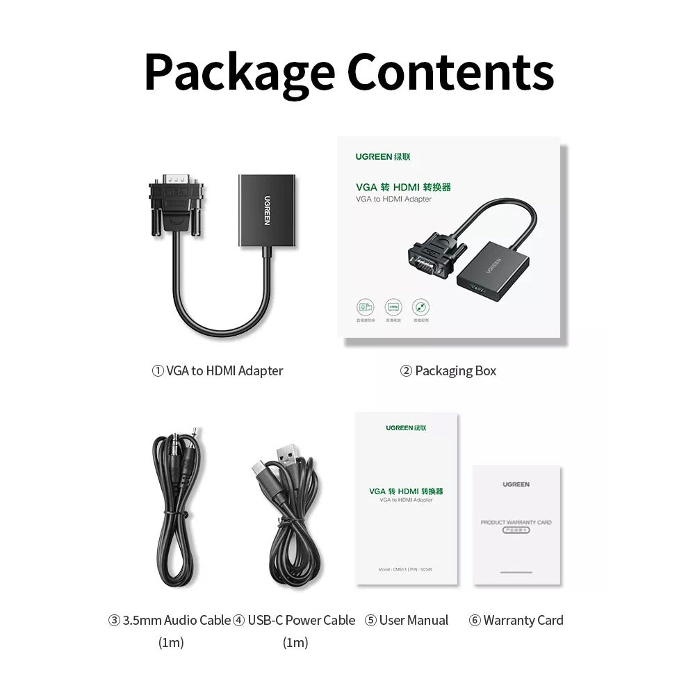 Ugreen, Vga To Hdmi Adapter Cable With 3.5Mm Audio Full Hd And Usb-C Power Port Ugreen Cm513 - 50945