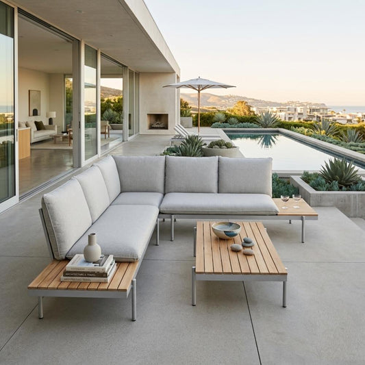 Corner Outdoor Sofa Set (L-Shape Design) with Side Tables & Coffee Table - Aluminum & Teak, 5294