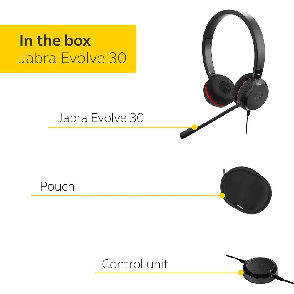 Jabra, EVOLVE 30 II  MS Stereo USB-A Corded Headphones for Music & Voice Professional Unified Communicaton Headset, leather earcushion, Black  Microsoft optimized
