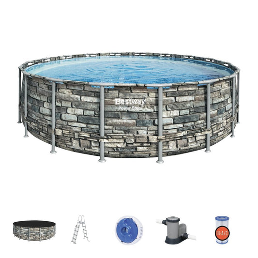 Best way, Power Steel Pool Set with Filter Pump + Accessories, Stone round 6.10 x 1.32 m