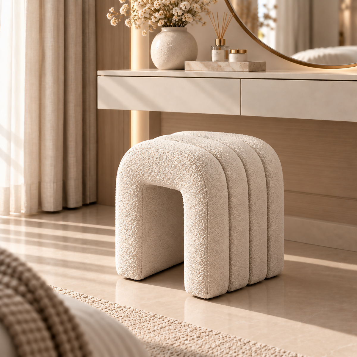 Beige Sculptural Bouclé Bench | BNCH383845B